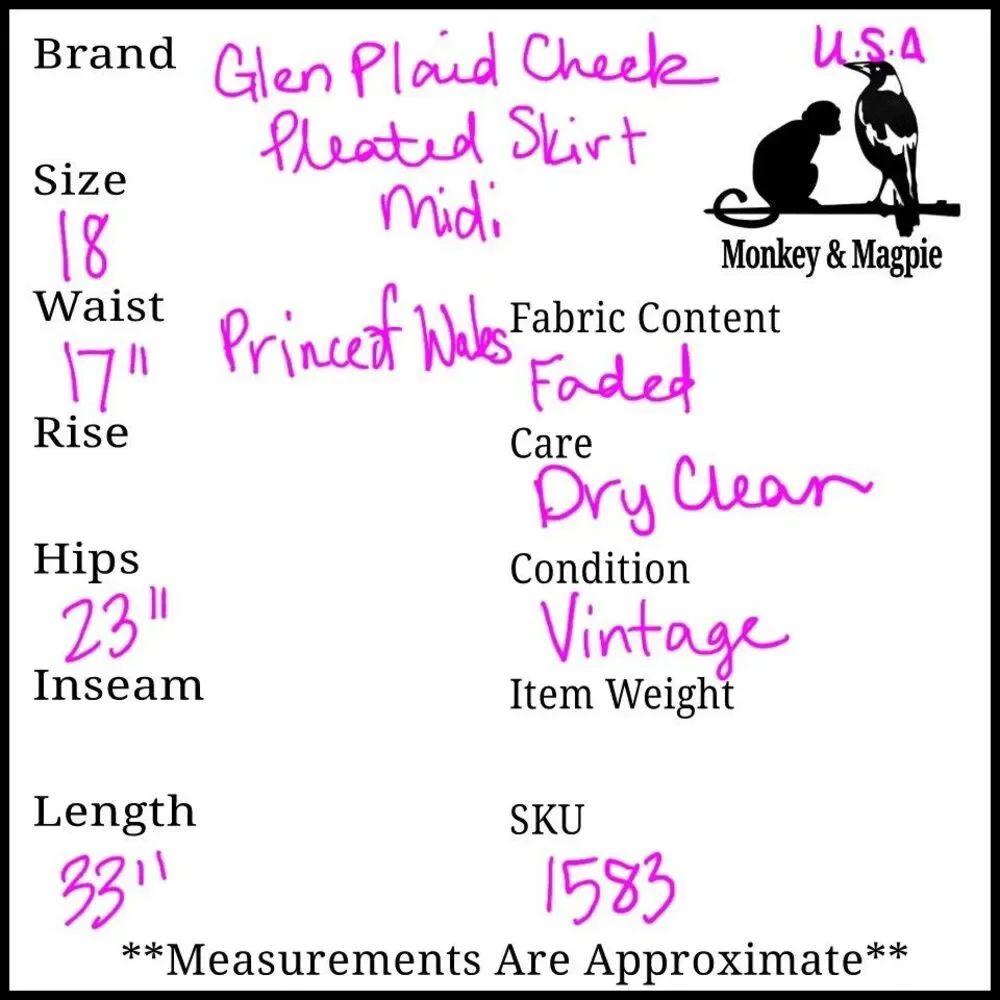 Vintage Glen Check Plaid Pleated Midi Skirt Womens 18 Side Zip FLAW - Picture 10 of 10